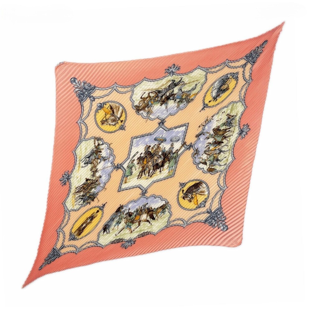 HERMES Carre 90 LES CHEVAUX DES MOGHOLS (Mughal Horses) Pleated Silk Scarf/Mu...